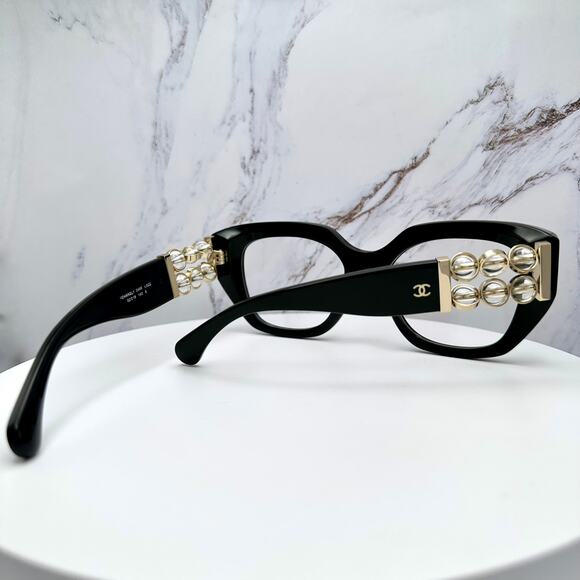 New CHANEL Eyeglasses Black Gold Cat Eye Clear Rotating Pearls 52mm - Picture 8 of 15